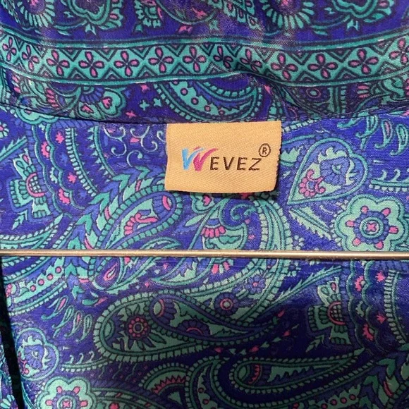 Silk Robe Paisley Turquoise Indigo Flowers With Belt - Picture 3 of 8